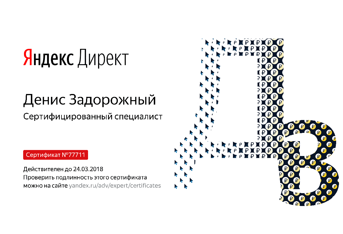 Сертификат специалиста Яндекс. Директ - Задорожный Д. в Пензы
